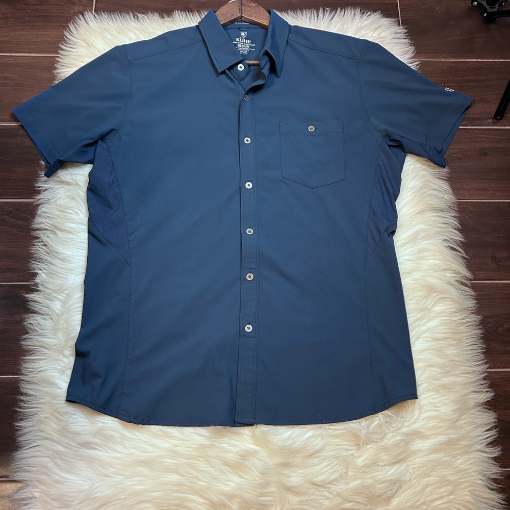 KUHL Bandit Performance Button Up Shirt Mens M Short Sleeve Blue Logo Classic